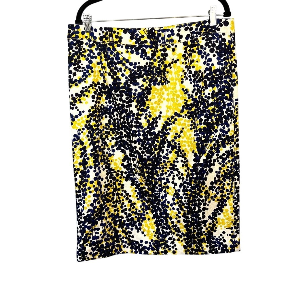 Boden‎ Cotton Pencil Skirt Navy Yellow Abstract Print Size 12L Artsy Workwear